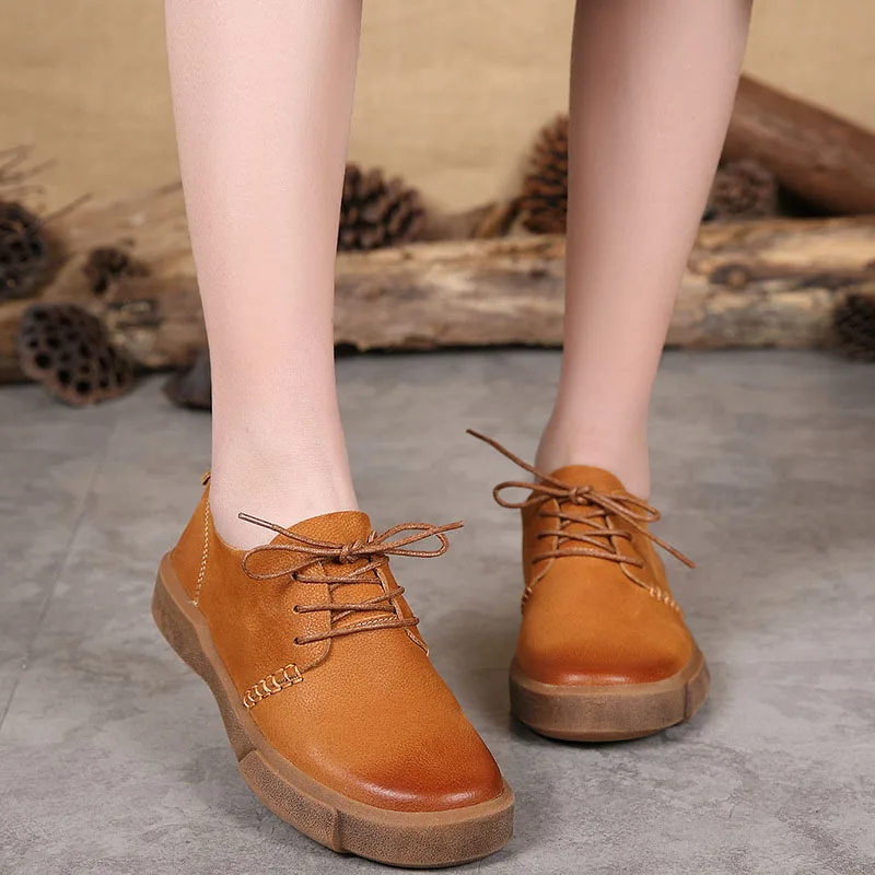 

New first layer leather shoes spring handmade casual fashion shoes women lace flat shoes