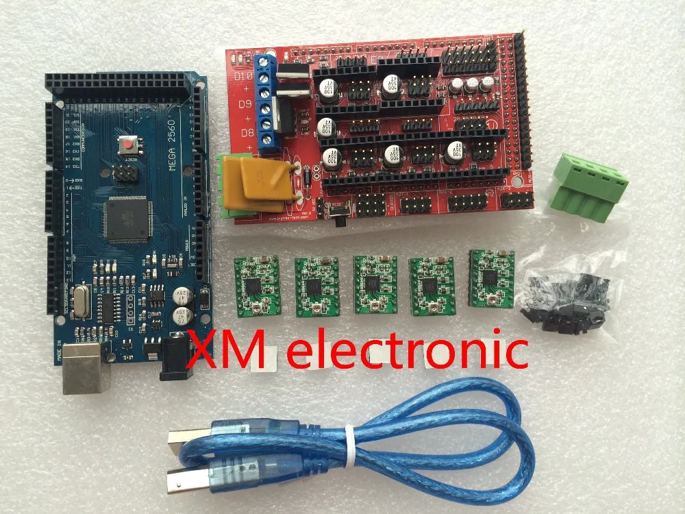 Free shipping Mega 2560 R3 + 1pcs RAMPS 1.4 Controller + 5pcs A4988 Stepper Driver Module + USB cable for 3D Printer kit Reprap