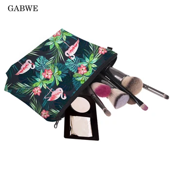 

GABWE Fashion Print Cosmetic Bag Flamingo With Tropical Flowers Palm Green Fresh Portable Makeup Bag Travel Toiletry Organizer