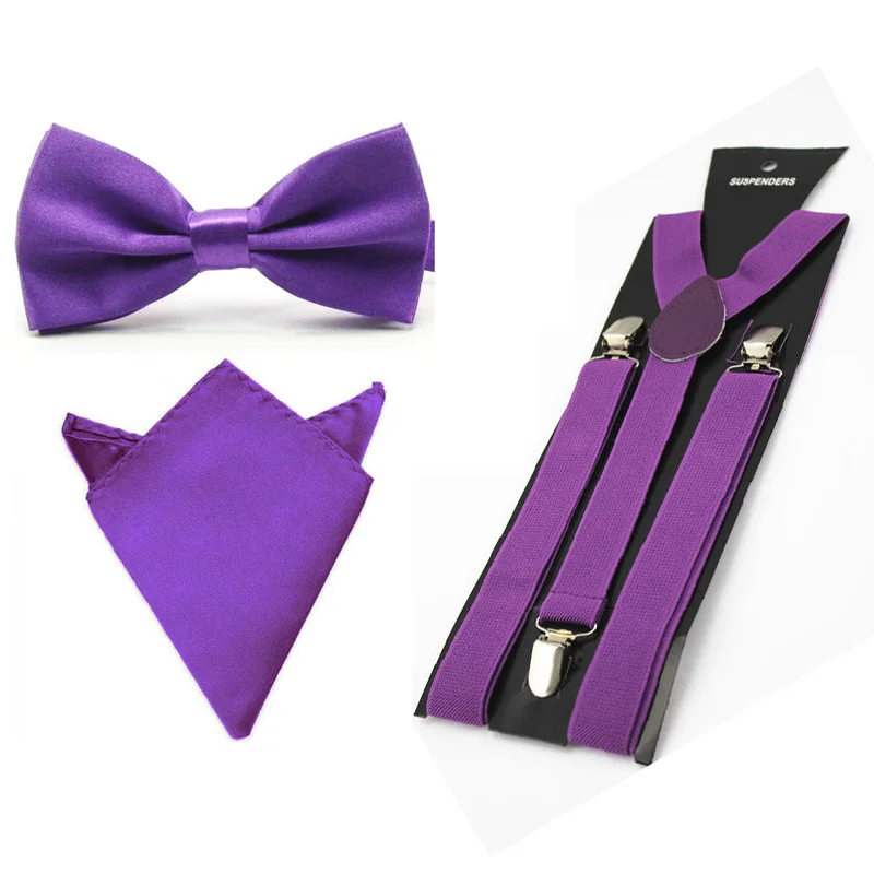 Мужской сатиновый однотонный галстук-бабочка y-образные подтяжки платок Карманный квадратный набор BWSET0013 - Цвет: Purple