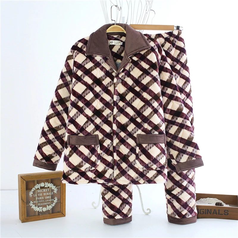 Old Men's Pajamas Thick Warm Padded Clothing Winter Autumn Pajamas Suits Plaid Nighty For Middle Aged Men Night Wear Clothes JW313 (7)