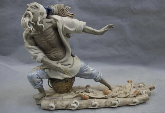 

USPS to USA S0046 China Clay Pottery WuCai porcelain Lucky Fisherman Fishing Fish Scoop net Statue B0401