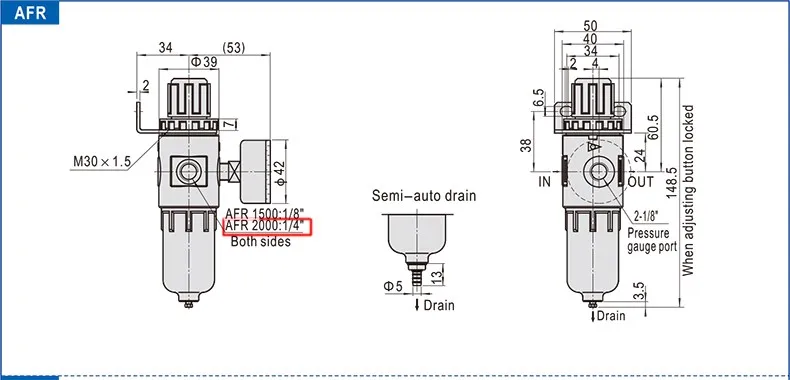 1pc AFR-2000 Pneumatic Filter Air Treatment Unit Pressure Regulator Compressor Reducing Valve Oil Water Separation AFR2000 Gauge