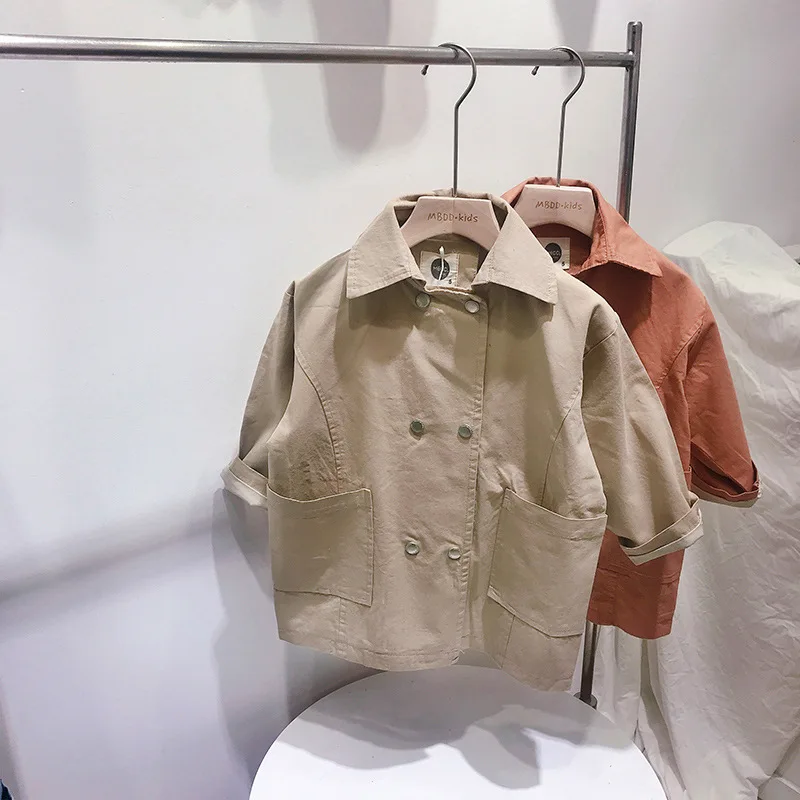 

Children double-breasted windbreaker long spring suit new long-sleeved men and girls pure color coat large lapel England