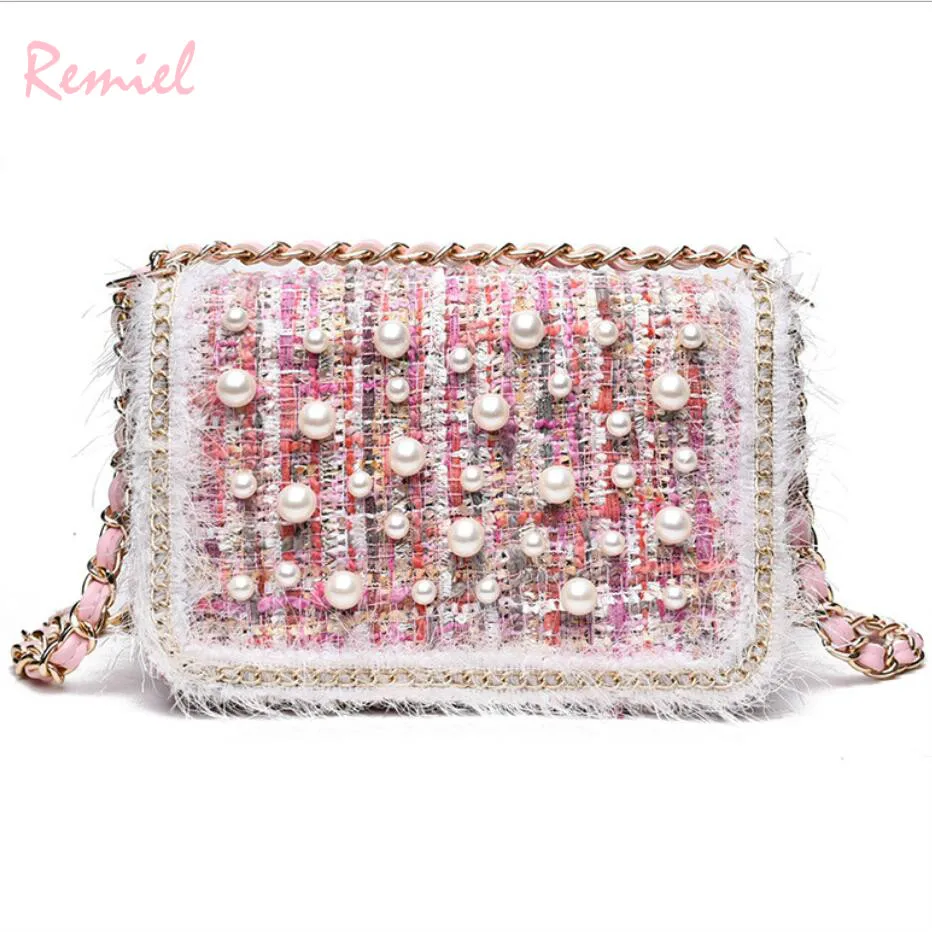 

Women's Designer Handbag 2018 Fashion New Quality Woolen Women bag Sweet Cute Girl Pearl Square bag Chain Shoulder Messenger bag