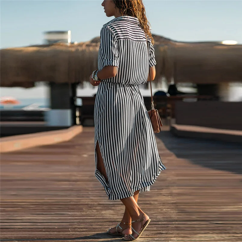 Women Autumn Dress Fashion Stripe Printed Long Sleeves Button Bandage Belt Shirt Long Dress Elegant Vestido Wholesale #K07 (9)