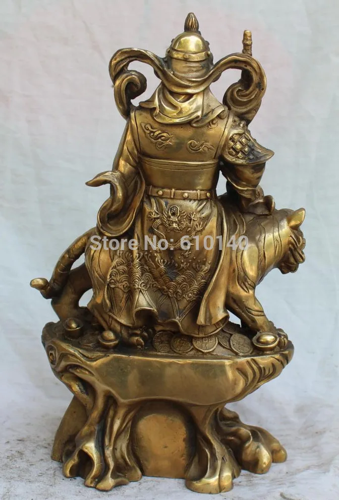 

12" Marked Chinese Bronze Mammon Wealth God On Tiger Dragon Base Words Statue