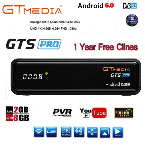 Cccam ip tv Freesat GTS Pro Receptor DVB-S2 Amlogic S905D android 6,0 tv BOX 2 ГБ 8 ГБ+ 1 год cccam спутниковый телевизор - Color: GTS add 1year CCCAM