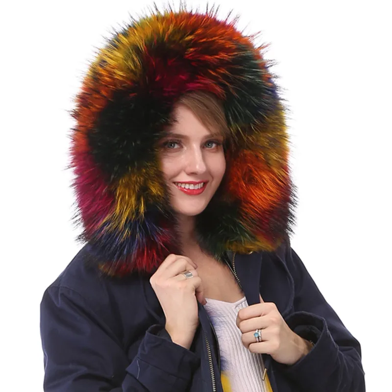 Femmes Capuchon Grande Long Laveur Bleu De Réel À noir Chaud Épais Amovible D'hiver Fourrure vert Raton Doublure Collier Manteau Parkas YPq5n