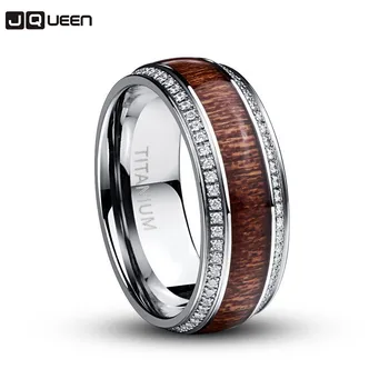 

JQUEEN Men's Acacia Wood Titanium Stainless Steel Ring Two Line CZ Party Ring Jewelry For Men Classic Gift Size 7-12
