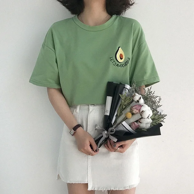 

kuakuayuYF 2019 New Korean Cute Avocado Embroidery Short Sleeve T Shirt Women Summer Small Fresh Tshirt Harajuku Tee Shirt Femme