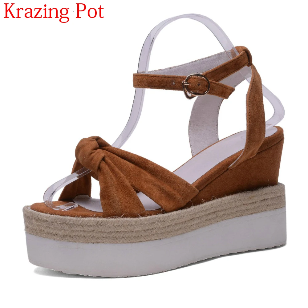 

2018 New Arrival Sheep Suede Thick Bottom Platform Wedges Sandals Peep Toe Office Lady Butterfly-knot Long Legs Summer Shoes L04