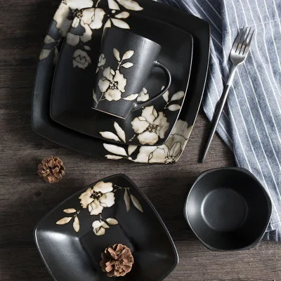 

Japanese-style hand-painted black hibiscus flower ceramic plate dishware square plate fruit dish mark cup household western dish