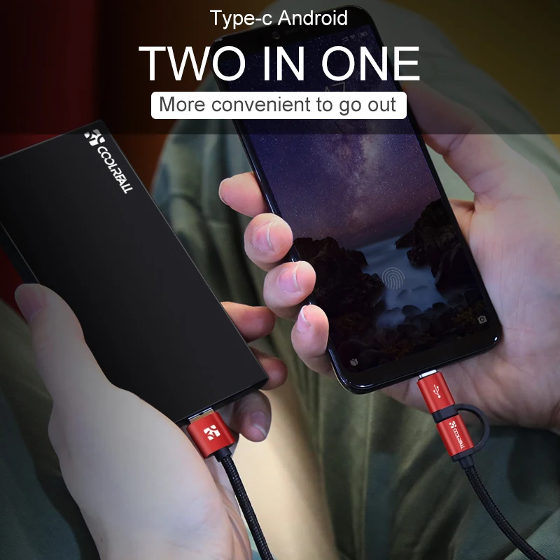 Coolreall 2.4A Micro USB Cable 2 in 1 USB Type C Fast Charging Data USB C Charger Cable for Samsung Xiaomi Oneplus Huawei P9