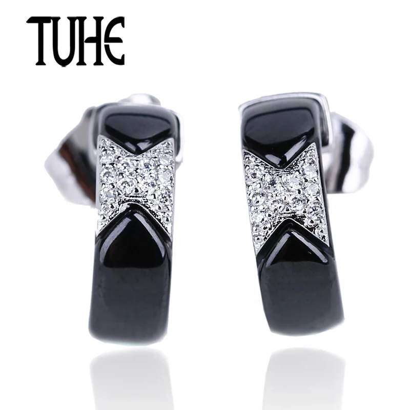 TUHE New U Shaped Stud Earrings Black Ceramic With Shining Rhinestone Silver Metal Earrings For Women Wedding Engagement Jewelry TUHE New U Shaped Stud Earrings Black Ceramic With Shining Rhinestone Silver Metal Earrings For Women Wedding Engagement Jewelry