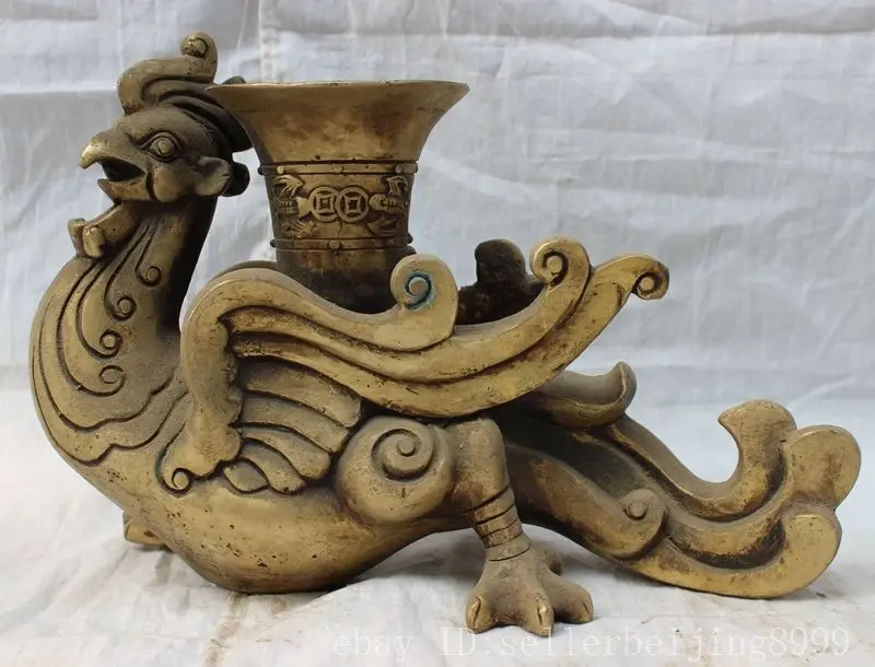 

10" Folk Chinese Brass Palace Bird Peacock Peafowl Phoenix Zun Statue Pot Vase
