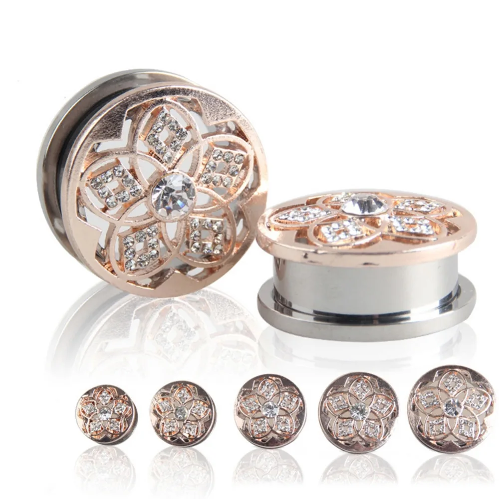 New Fashion Gold Stainless Steel Ear Tunnel Plug Flower Rhinestone Ear Flesh Tunnel Size 12mm