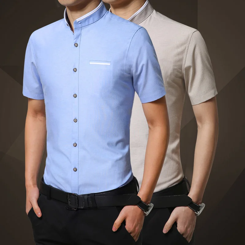 Для мужчин рубашка новый модный бренд стенд воротник Slim Fit рубашки для мальчиков мужской мягкий удобные с короткими рукавами Повседневная