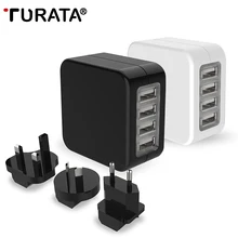 TURATA Универсальное зарядное устройство 4-Порты и разъёмы для туристического USB Зарядное устройство с стандарта ЕС, США, Великобритании австралийская вилка для смартфонов, Планшеты, музыкальных плееров и камеры
