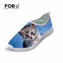FORUDESIGNS/женская повседневная обувь из сетчатого материала; сезон весна-лето; Женская легкая обувь без застежки с милым 3D принтом кота; пляжные туфли на плоской подошве