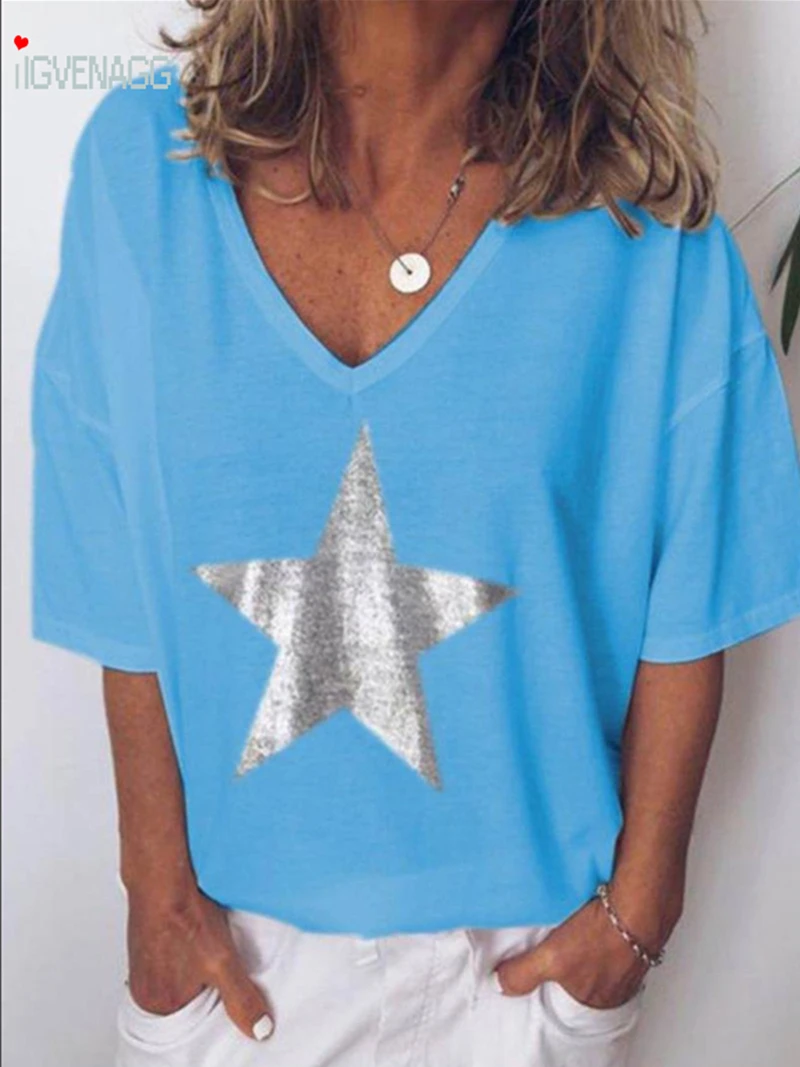 

2019 Women Short Sleeve Female 2019 Summer V Neck Loose Tops Casual T Shirts Basic Tops Star Print Women's Tees Plus size XS-5XL