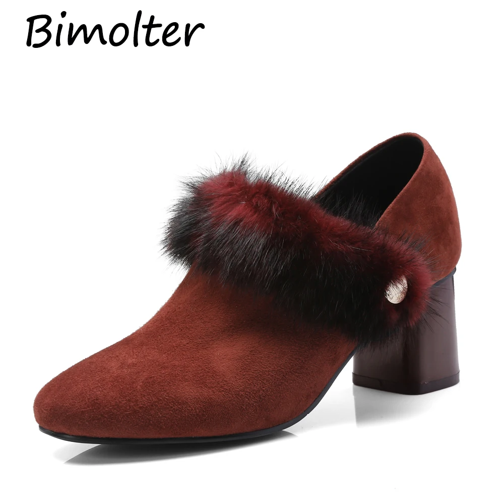 

Bimolter Detachable Fur Pumps For Women 2 wearing ways Thick Heel Shoes Sheep Suede Retro Classic High Heels Fashion New NC028