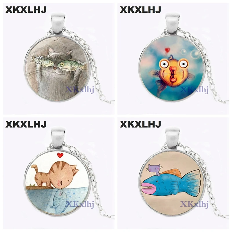 

XKXLHJ Creative Fun Cat Fish Best Friends Necklace Handmade Photo Glass Dome Metal Necklace Cute Cartoon Animal Couple Necklace