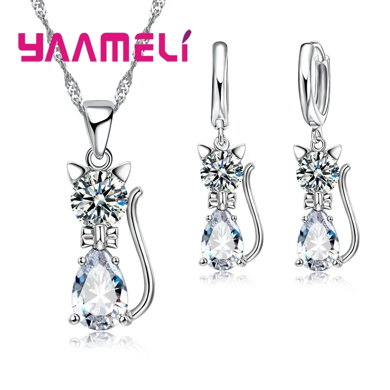 

Cute AAA Zircon Cat Pendant Necklace Earrings Sets Real 925 Sterling Silver CZ Crystal Jewelry for Women Girls Gifts