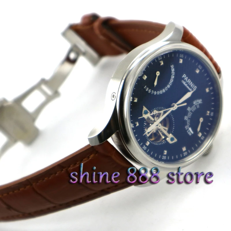 

Parnis 43mm power reserve black dial Brown strap deployant clasp movement ST2505 Automatic movement Men's watch