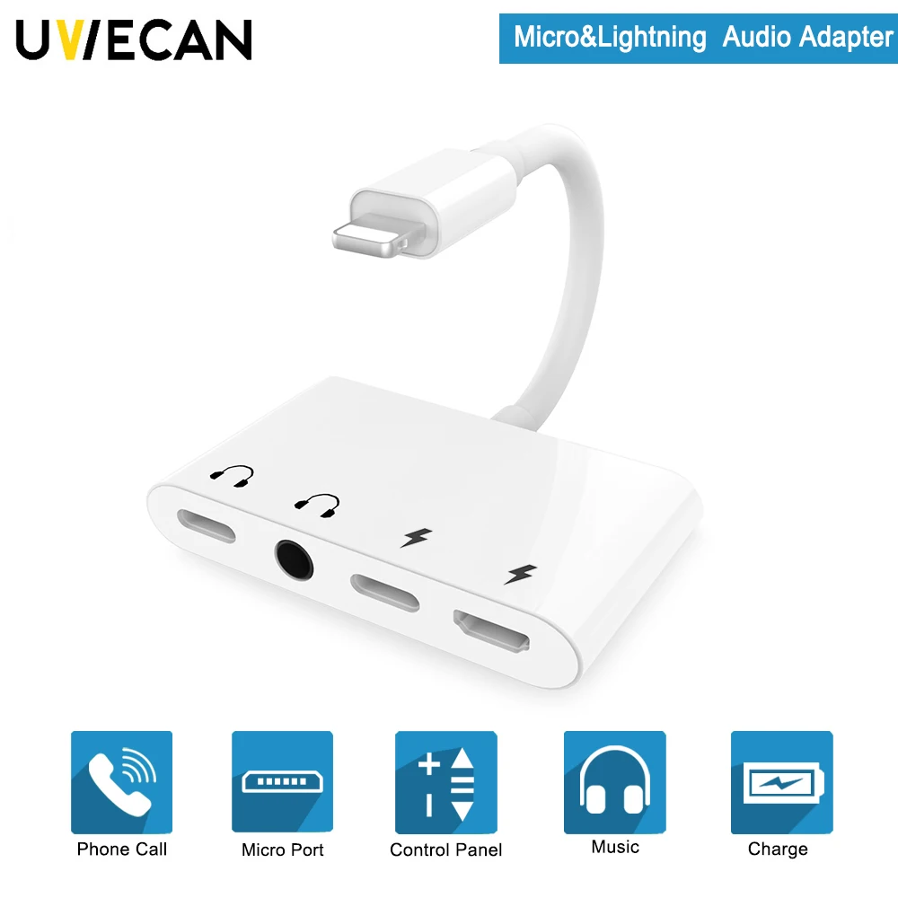 4 in 1 Earphone Voice Splitter Dual For Lightning,One 3.5mm Headphone Aux Jack One Audio Port Adapter