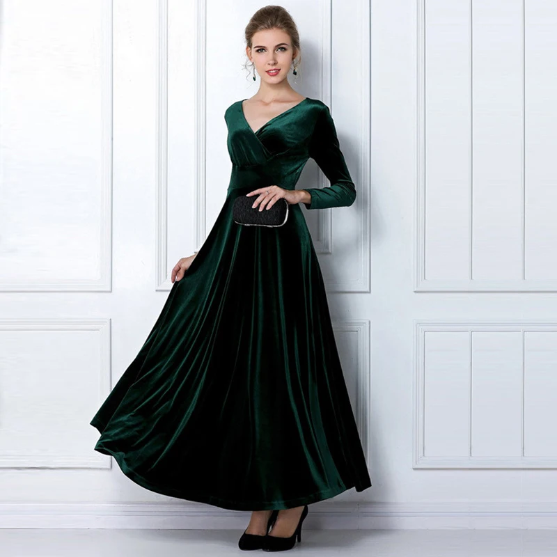 Autunno Inverno Velluto Maxi Abiti Lunghi Elegante Scollo A V Manica Lunga  del Vestito Delle Donne Donne Abiti Verde Nero Più Il Formato  xxxlP40|vestidos plus|velvet maxi dresssleeve dress - AliExpress