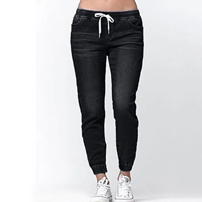 Женские джинсовые штаны, винтажные однотонные джинсы с эластичной резинкой на талии, Стрейчевые узкие женские джинсы с завязками, брюки, модные джинсовые штаны для женщин, летние - Цвет: black