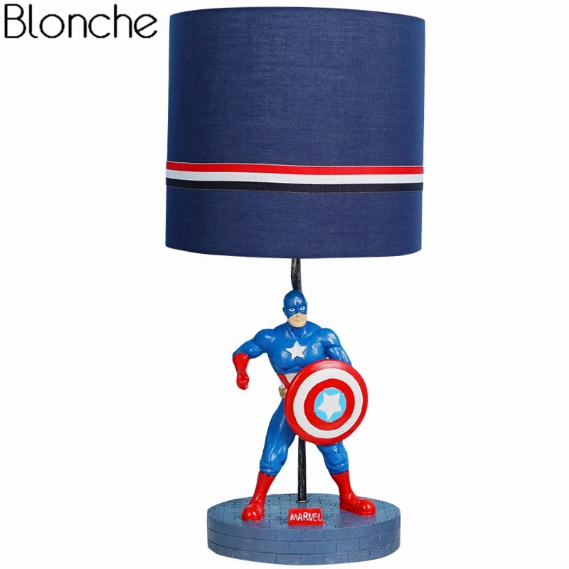 Настольные лампы «Капитан Америка» для детей, прикроватная лампа для спальни, современный мультяшный Настольный светильник из смолы, домашний декор - Цвет абажура: Синий