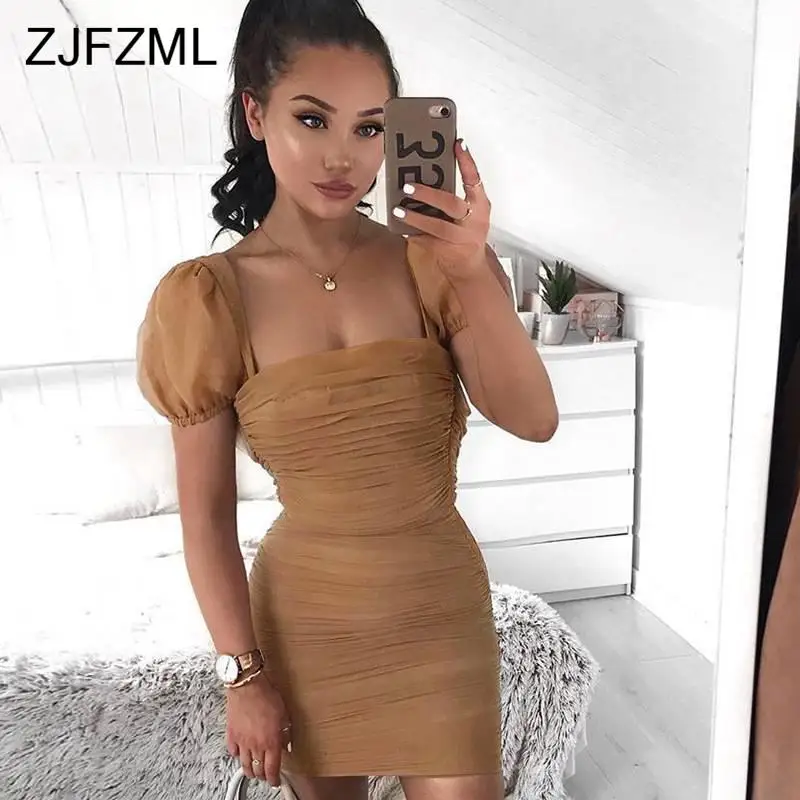 

Sexy Ruched Mesh Dress Women Puff Sleeve High Waist Short Bandage Dress Elegant Ladies Square Neck Sheath Package Hip Dress
