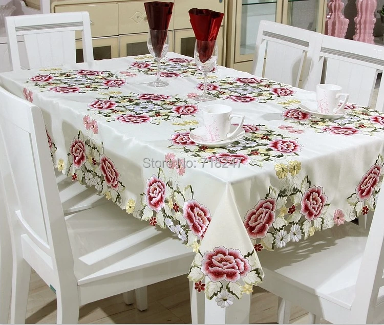  vezon European Elegant Satin Embroidery Floral Tablecloths Handmade Embroidered Peony Flower Table 