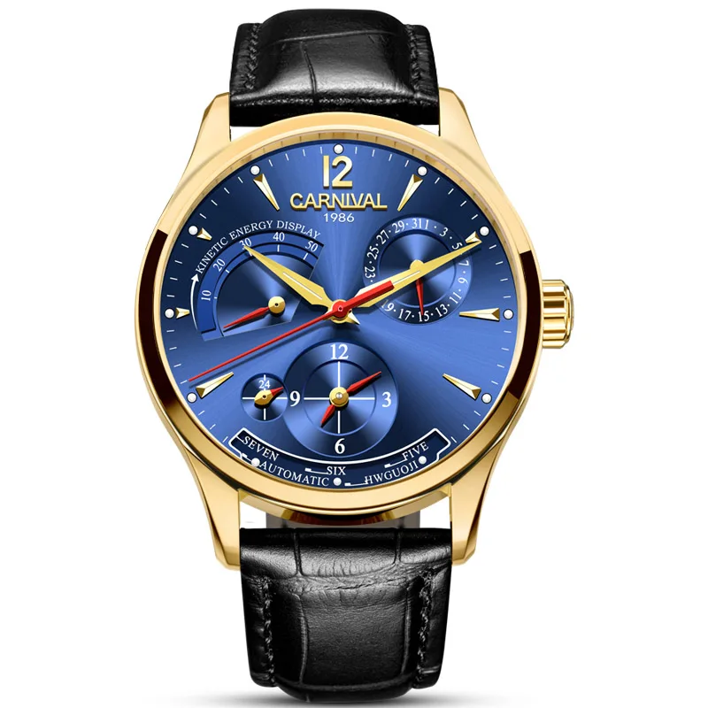 Карнавал второй часовой пояс кинетическая энергия дисплей часы для мужчин сапфир автоматические механические часы мужские часы кожа водонепроницаемый - Цвет: Gold blue