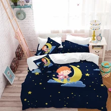 Kids Cartoon Bedding Set Dark Blue Starry Sky Duvet Cover Set Boy With Toy Bear sit on Moon Bed Cover Pillowcase Home Decor Kids Cartoon Bedding Set Dark Blue Starry Sky Duvet Cover Set Boy With Toy Bear sit on Moon Bed Cover Pillowcase Home Decor