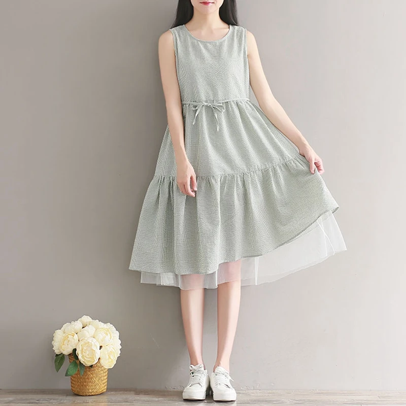 

Mferlier Women Dress High Waist Sleeveless Summer Casual Loose Sleeve Sweet Plaid Dresses O Neck Preppy Style Beach Mesh Dress