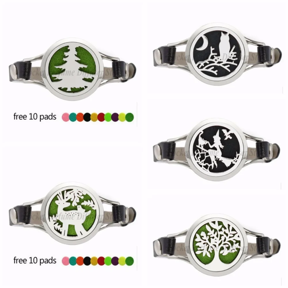 

Christmas Tree Deer Witch 30mm Stainless Steel Watch Essential Oil Aromatherapy Diffuser Locket Bracelet Leather Band 10pcs Pads