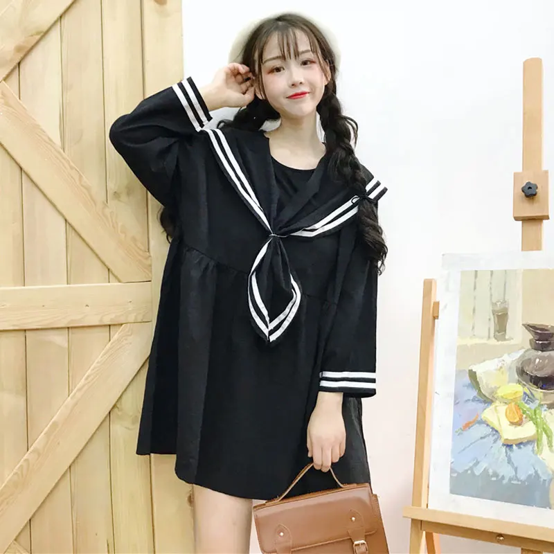 

Japanese Mori Girl Women Cute Mini Dress Sailor Collar Black Blue Oversized School Uniform Kawaii Preppy Style Tie Cosplay Dress