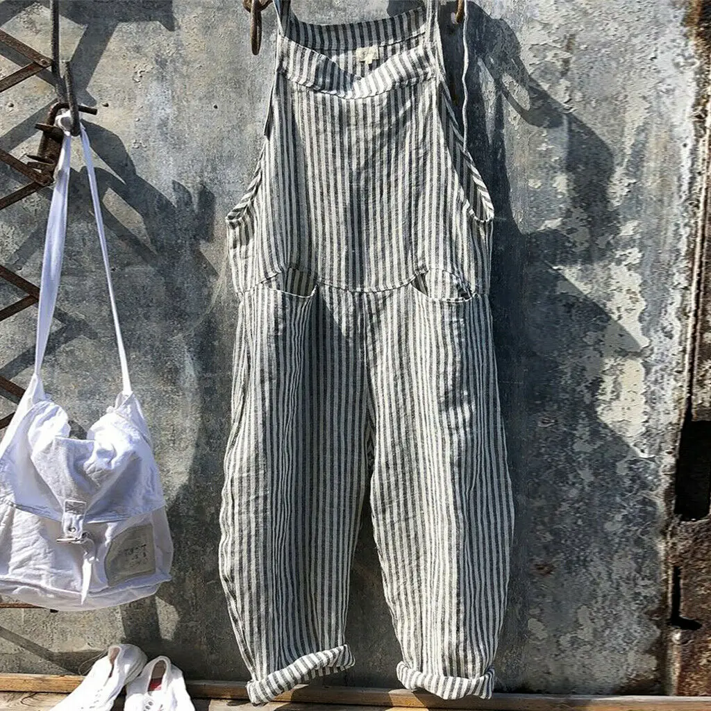 

2019 Women Dungarees Harem Strap Pants Loose Jumpsuit Baggy Trousers Overalls Pants Pockage Striped Boho Casual Plain Trousers