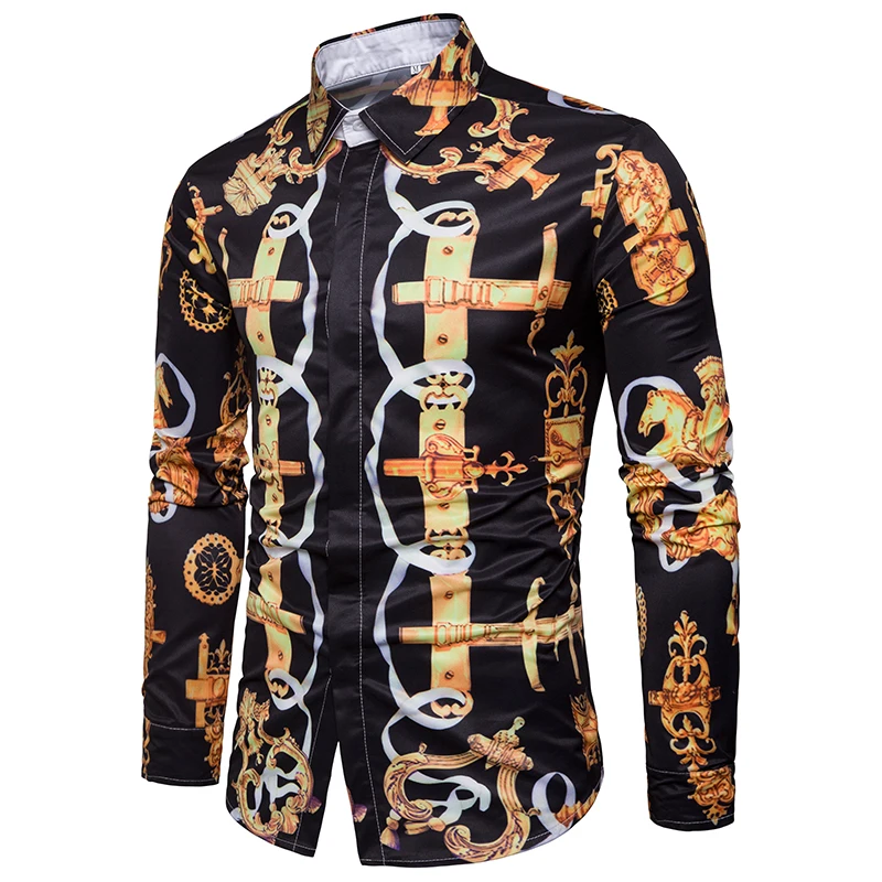 Golden Chain Printed Men's Dress Shirts 2018 Luxury Brand Slim Fit Long Sleeve Shirt Men Casual Stylish Camisa Social Masculina