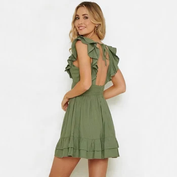 

Women Deep V Neck Fortune Ruffle Mini Dress with Tie Back