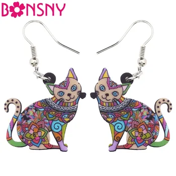 

Bonsny Statement Happy Floral Cat Kitten Earrings Big Long Drop Dangle Animal Novelty Acrylic Jewelry For Girls Women Ladies Pet