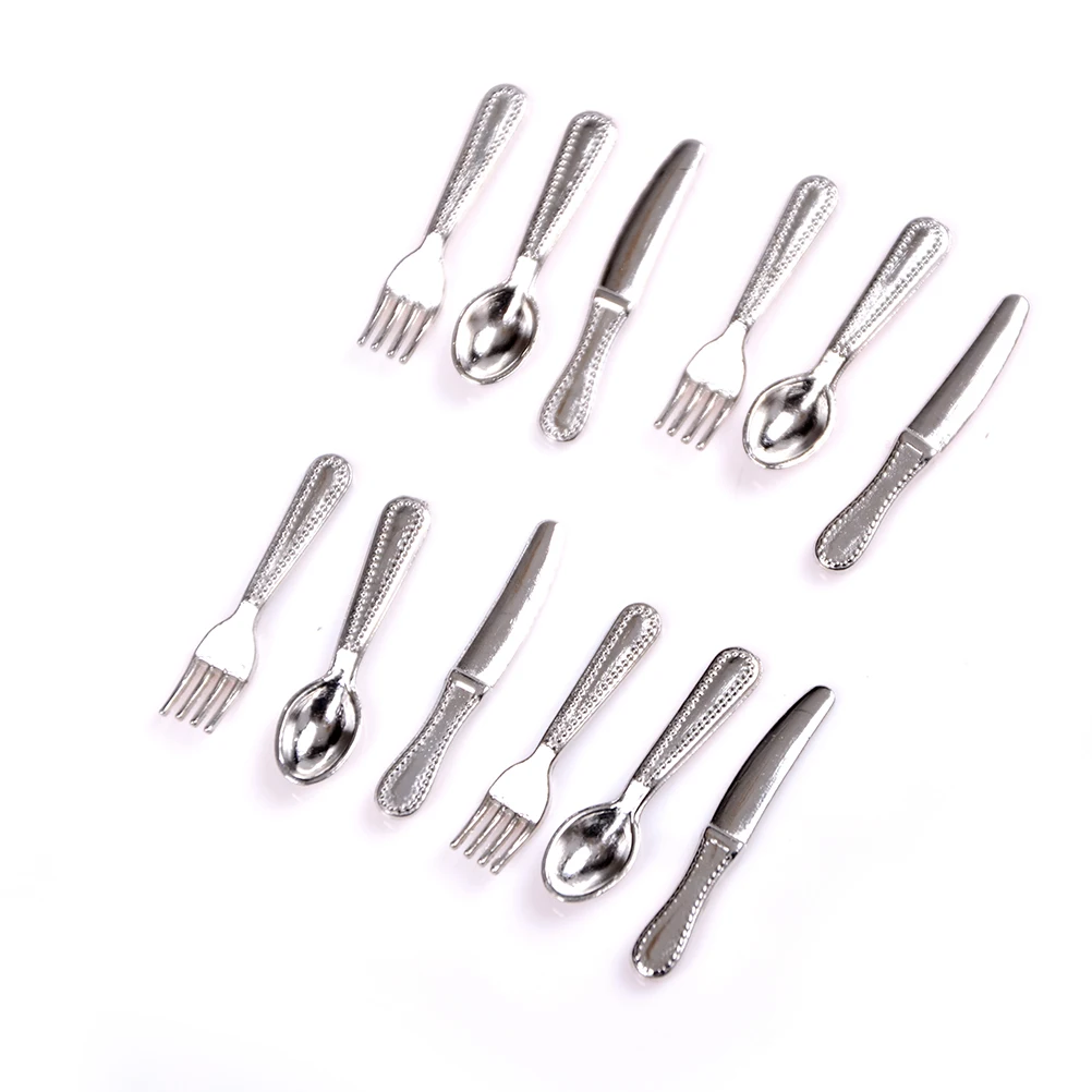 12PCS/set Vintage Mini Cutlery Knife Fork Spoon Dollhouse Miniatures Tableware Childrens Toy Doll House Decor 2Colors