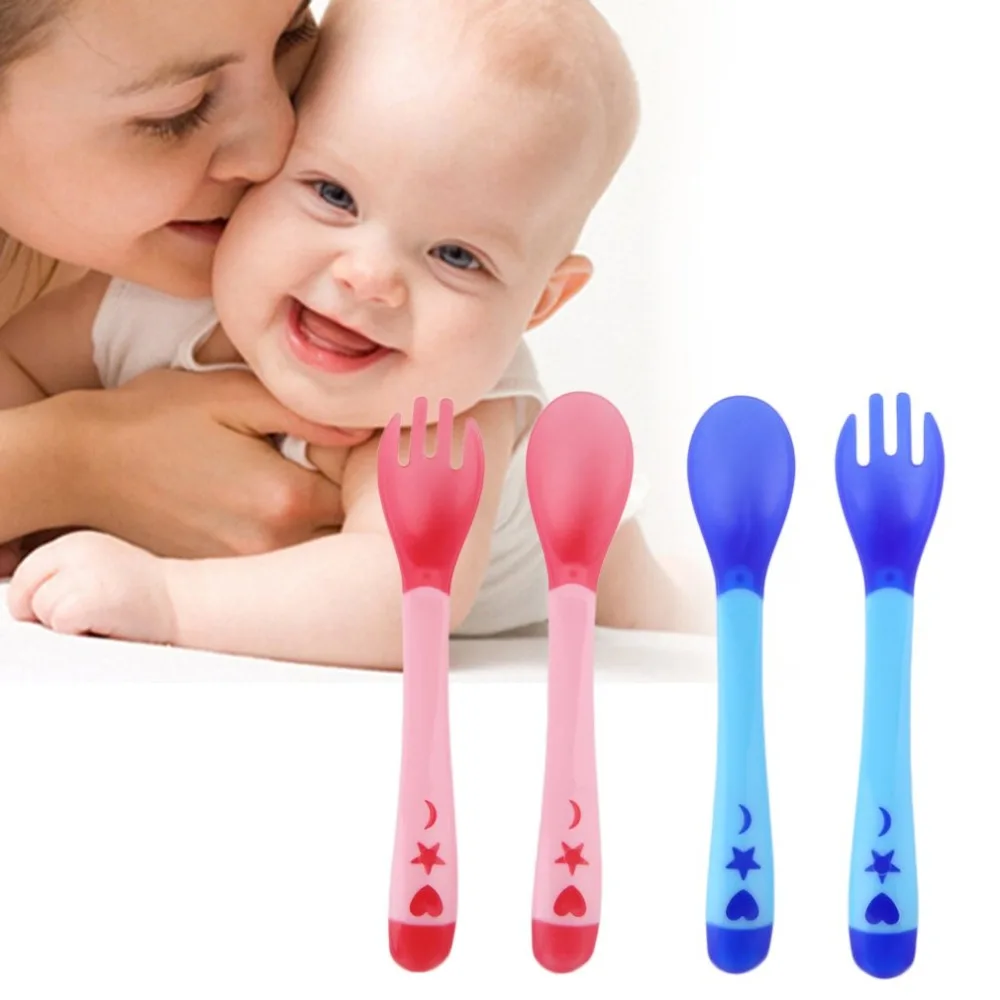 

Baby Temperature Sensing Spoon and Fork Safety Silicone Feeding Flatware Baby Feeder Utensils Feeding Spoon Tableware Home