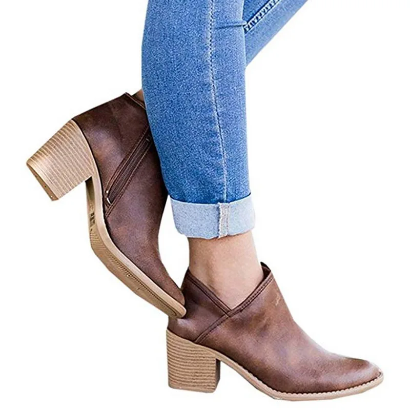 WENYUJH/ женские ботинки; ботильоны из флока; сезон осень-зима; Женские однотонные ботинки; ботинки из эластичной ткани на среднем каблуке; обувь; большие размеры 35-42 - Цвет: B brown