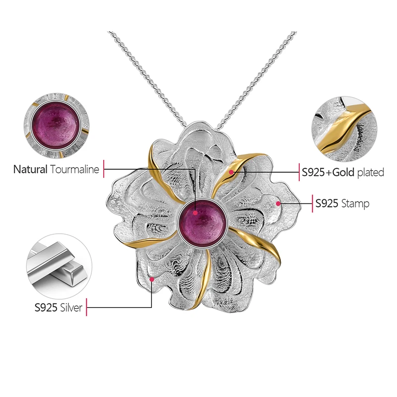 Lotus Fun Real 925 Sterling Silver Natural Tourmaline Handmade Fine Jewelry Peony Flower Pendant without Necklace for Women