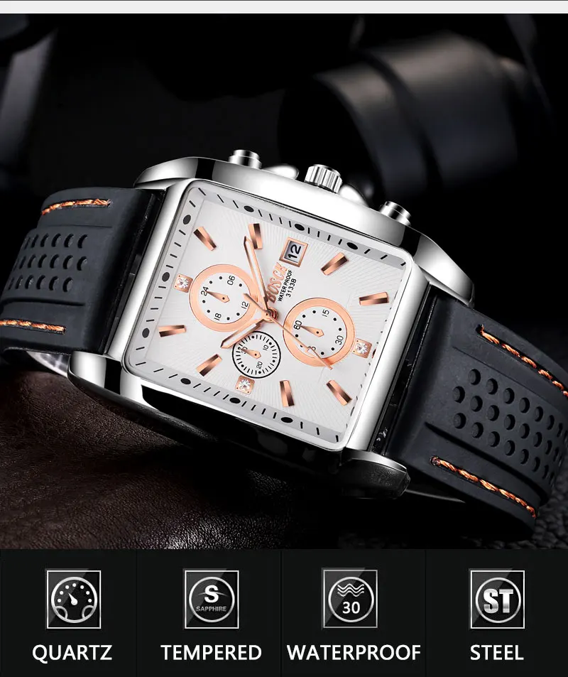 BOSCK Лидирующий бренд мужские часы деловые Relogio Masculino квадратные кварцевые мужские наручные часы полностью стальные водонепроницаемые мужские часы