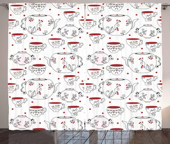 

Tea Party Curtains Vintage Crockery Pattern with Swirled Floral Motifs Red Berries and Dots Living Room Bedroom Window Decor